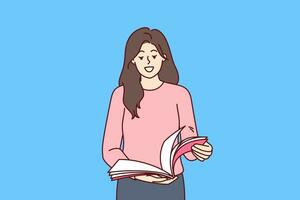 Woman stands with magazine in hands and flips through pages publication to learn about style trends vector