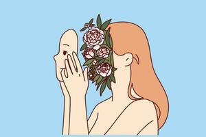 Woman with flowers in head symbolizing purity and piety or spiritual harmony holds own face in hands vector