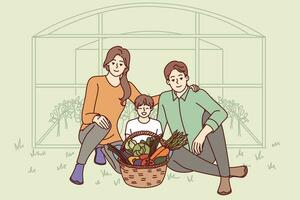 Family of farmers with fresh harvest sits near greenhouse and boast grown vegetables. Happy parents together with son, are engaged in farming and own greenhouse for cultivation of carrots and cabbage vector