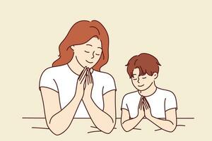 Mom prays with son before bed, asking god to save from problems and teaching child to religious lifestyle. Woman and boy praying making prayer gesture and closing eyes to ask god for help vector