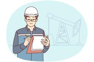 Male engineer in uniform and helmet take notes at construction site. Man worker write in journal working at building area. Engineering concept. Vector illustration.