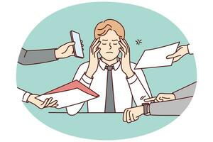 Annoyed businessman stressed with multiple hands giving papers and phones. Bothered male employee distressed with workload. Overwork. Vector illustration.