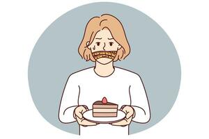 Unhappy woman with mouth closed refuse from chocolate cake. Stressed girl follow diet cover mouth from dessert. Vector illustration.