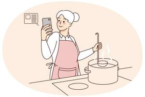 Elderly woman cooking soup at kitchen with online recipe on cellphone. Smiling modern old grandmother preparing food using cookbook or application on mobile. Vector illustration.