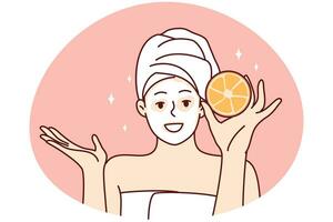 Smiling woman in towel and bathrobe do facial beauty procedures in spa. Happy girl enjoy face skincare procedures at home. Cosmetology concept. Vector illustration.