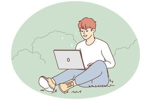 Smiling young man sit on grass in park working on laptop. Happy guy relax outdoors with computer. Freelancer and remote work. Vector illustration.