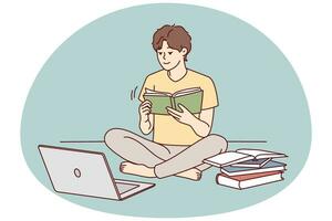 Guy sit on floor study on compute read textbooks prepare for exam. Focused male student enjoy books reading use computer for school preparation. Vector illustration.