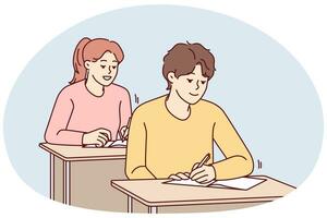 Smiling students sit at desk writing in notebooks on lesson in school. Happy pupils handwriting at class. Education and learning. Vector illustration.