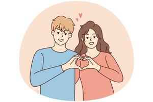 Smiling couple hug show heart hand gesture. Happy man and woman demonstrate love sign share affection and care. Relationships concept. Vector illustration.