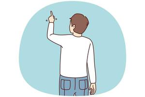 Back view of man pointing at wall with finger. Guy showing with finger on blank space. Vector illustration.