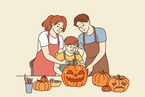 contento familia hace Víspera de Todos los Santos calabazas a Decorar casa para octubre 31 y celebrar todas santos día. chico juntos con padres, vestido en delantales, cortes fuera jack-o-lanterns para celebracion Víspera de Todos los Santos vector