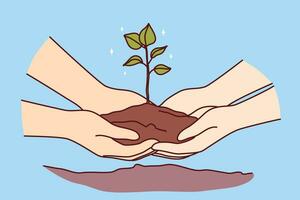 People hands with tree sprout in ground as metaphor for environmental activism and concern for nature. Two people plant tree together in ground in backyard, wanting to create scenic view from window. vector