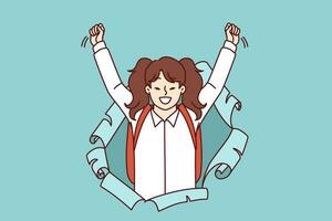 Schoolgirl with backpack joyfully raises hands up and screams loudly peeking out of hole in paper, for concept of back to school. Little girl celebrating beginning of academic year at school vector