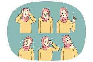 conjunto de joven mujer en hiyab colección de musulmán hembra en tradicional ropa demostración diferente emociones vector ilustración.