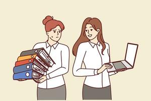 Successful woman with laptop recommends to colleague to abandon paperwork and start digitalizing business. Girl with folders of documents needs to digitalizing workflows to increase productivity vector