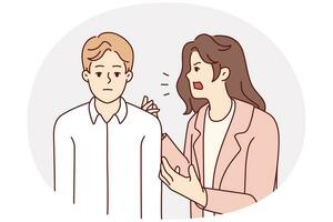 Aggressive annoying woman yelling at tired bored husband. Furious mad wife scream and shout at ignorant man. Relationship problems. Vector illustration.