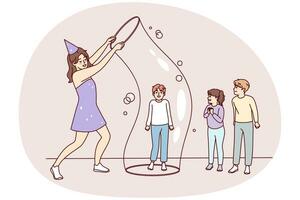 Happy woman entertainer playing with huge bubbles with small kids at birthday party. Smiling female have fun entertain children with game activities. Vector illustration.