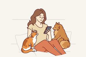 Woman owner of dog and cat sits on couch and plays on phone, enjoying spending time with pets. Girl strokes pets in need of affection and attention, to advertise shelter of domestic animals vector