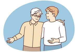 Gray-haired elderly man in glasses and young guy slap each other on back and shoulders. Vector image