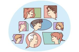 Faces of men and women in speech bubbles symbolize public discussion or brainstorming. Vector image