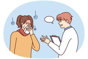 Caring male doctor help unhealthy woman sneezing suffering from flu or cold. Therapist or GP consult sick girl struggling with covid-19. Vector illustration.