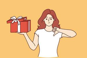 Woman with gift in hands is nervous and points finger down due to poor quality of present. Girl is holding gift tied with ribbon and is embarrassed, feeling offended because of unacceptable surprise. vector