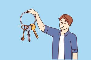 Man holds bunch keys from house and smiles, feeling safety thanks presence reliable locks vector