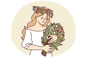 Happy woman with flower wreath on head holding beautiful bouquet. Smiling girl enjoy summer flowers in hands. Good mental health. Vector illustration.