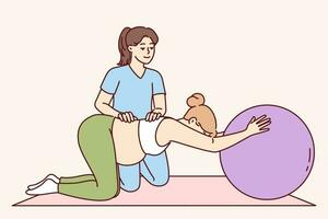 gimnasia para embarazada mujer y físico ejercicio debajo supervisión de fisioterapeuta a ayuda preparar para parto. embarazada niña haciendo pilates con grande caucho pelota a mantener salud en bueno forma vector