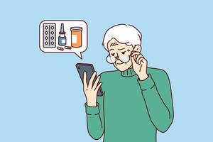 Elderly man orders medicines for home delivery using mobile phone from pharmacy application vector