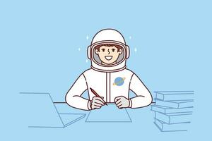 Boy astronaut does homework sitting at table with books, dressed in spacesuit for flight into space vector