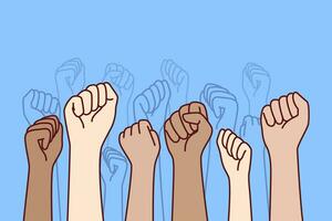 Hands of diverse people raising fists in protest and calling for revolution to fight social injustice. Concept mass protest and disobedience to authorities caused by lack of democracy in society vector