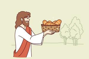 Jesus carries bread in basket, fulfilling biblical prediction from christian religion vector