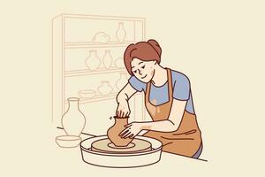 Woman sits in pottery workshop and sculpts jug from clay to sell handmade souvenirs in craft goods shop. Girl craftsman is interested in pottery art, dressed in apron stained with dirt. vector