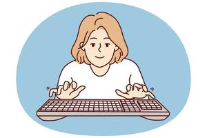 Young woman blogger typing keyboard looks at screen while typing e-mail message. Vector image