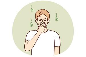 Dissatisfied man pinching nose with hand suffering from unpleasant smell of sweat. Vector image