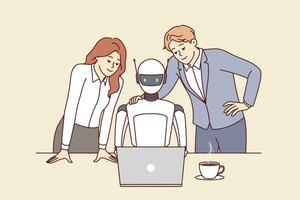 Robot employee of company and two human colleagues work together to complete tasks using laptop vector