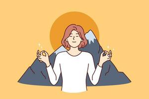 Woman meditates in lotus position and practices zen breathing standing near mountains and sunset vector