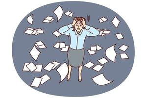 Discouraged woman clutching head while standing among scattered business documents. Vector image