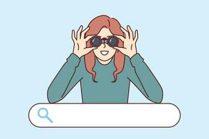 Woman is looking for necessary information standing over search bar and using binoculars vector