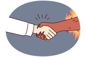 Handshake man and devil symbolizes risky deal or dangerous business arrangement. Vector image