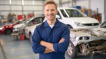 ai generado joven profesional mecánico Maestro representando pericia y amabilidad en un auto reparar tienda. generativo ai foto