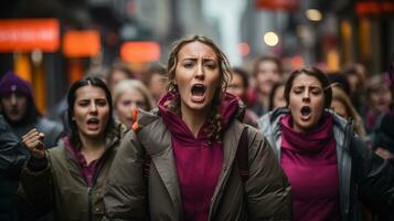 ai generado personas caminando en el calle gritos para un objetivo. generativo ai foto