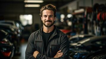AI generated Young professional mechanic master representing expertise and friendliness in an auto repair shop. Generative AI photo