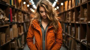 ai generado joven mujer perdido en un novela a un librería, tranquilo pasillos. generativo ai foto
