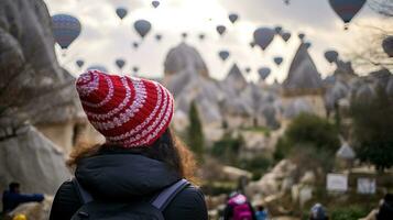 AI generated Tourist girl looking at the sky full of balloons on the Cappadocia mountain peak. Generative AI photo