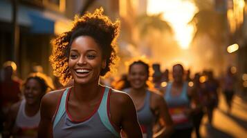 AI generated Determined female runners pushing their limits in a vibrant city marathon event. Generative AI photo