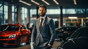 AI generated Successful entrepreneur choosing a stylish new car at a luxury car dealership. Generative AI photo