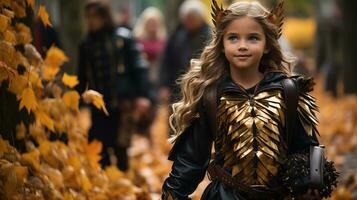 AI generated Little girl dressed in a Halloween costume wanders among tall trees and fallen leaves. Generative AI photo