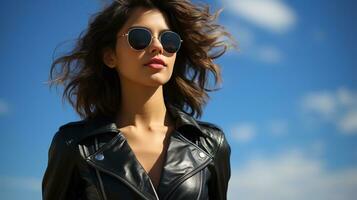 AI generated Fashionista woman, sharp elegance, flaunts flashy leather jacket in front of clear blue sky. Generative AI photo